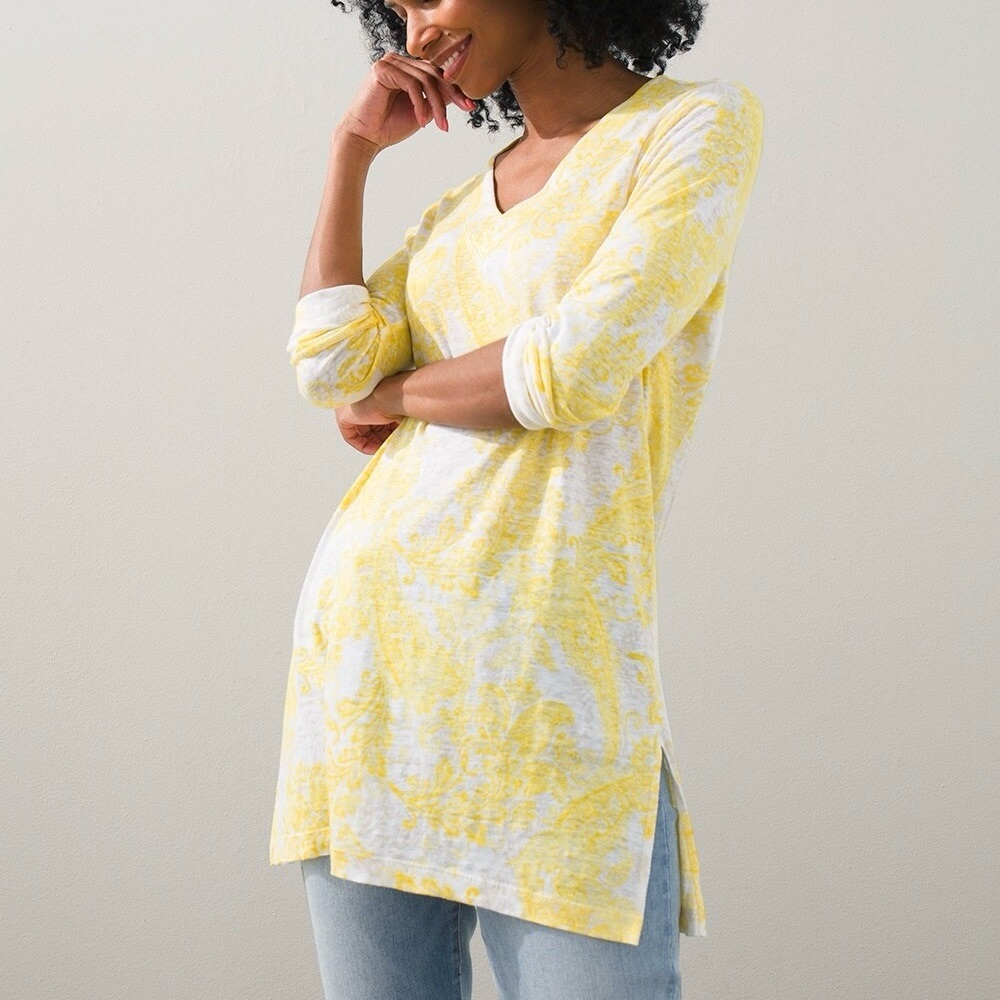 CHICOS 100% Linen Warm Paisley Floral Tunic V-Neck Top Blouse Butter Yellow 3 XL